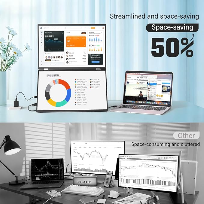 InnoView 18.5" Dual Portable Monitor 2K 200Hz 100% sRGB - Foldable & Stackable Design with 315° Screen Adjustment & 180° Stand | DP/USB-C/HDMI, Second Monitor for Laptop, Mac, Windows - Image 7