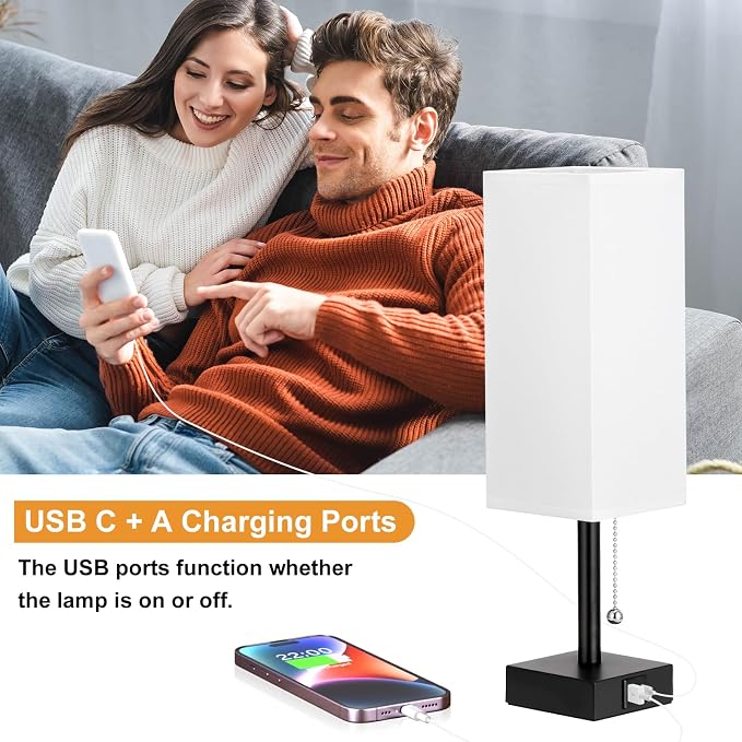 Set of 2 White Bedside Table Lamps for Bedroom - Nightstand Lamp, USB C+A | Pull Chain Lamp, 3 Color Modes(3000K/4000K/5000K), E26 LED Bulb Included, Square White Fabric Lampshade, for Read, Work, Dorm - Image 7