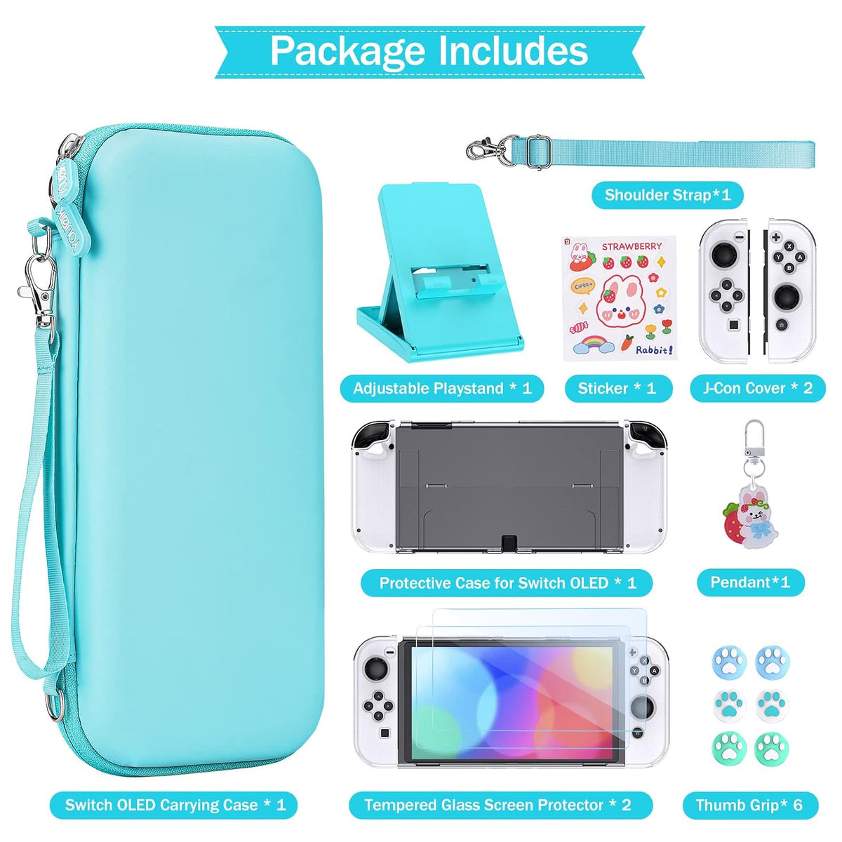 Younik Switch OLED Accessories Bundle, 17 in 1 Blue Switch Oled Accessories Kit for Girls Include Switch Carrying Case, Adjustable Stand, Protective Case for Switch Console & J-Con - Image 3