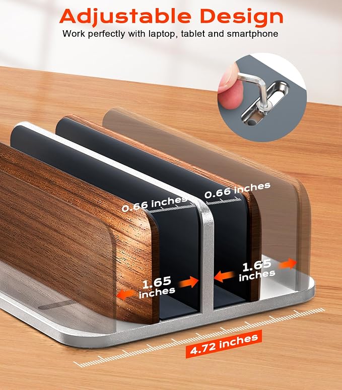 JCZT Vertical Laptop Stand, Walnut Dual Laptop Holder, Silver | with Adjustable Aluminum Alloy Base Laptop Stand for All MacBok/Surface/Samsung/HP/Dell/Chrome Book Laptops (Up to 17.3 inch) - Image 5