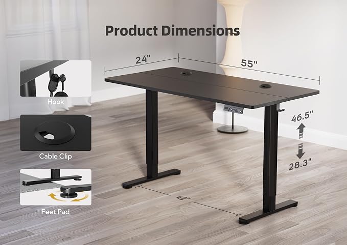 YDN 55 x 24 Inch Black Electric Standing Desk | Adjustable Height, Sit Stand, Cable Management, Ergonomic, Home Office - Image 3