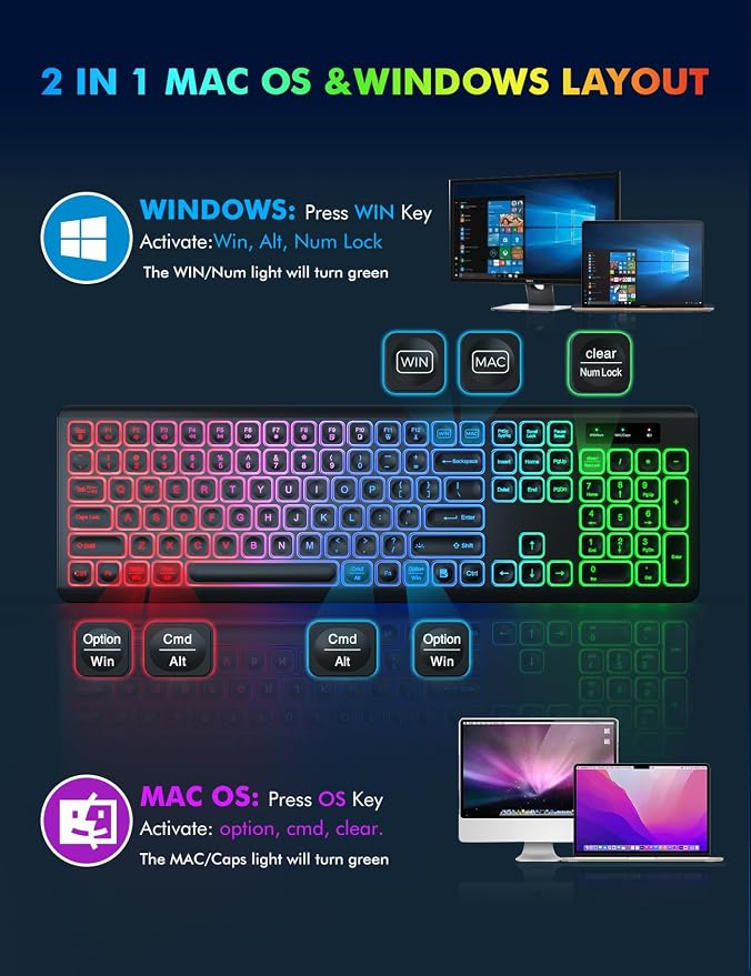 Wireless Keyboard and Mouse Combo with RGB Backlit, Rechargeable | Light Up Letters, Full-Size, Soft Typing, Sleep Mode, 2.4GHz Quiet Keyboard Set for Mac, Windows, Laptop, PC, Trueque KM42Pro - Image 9