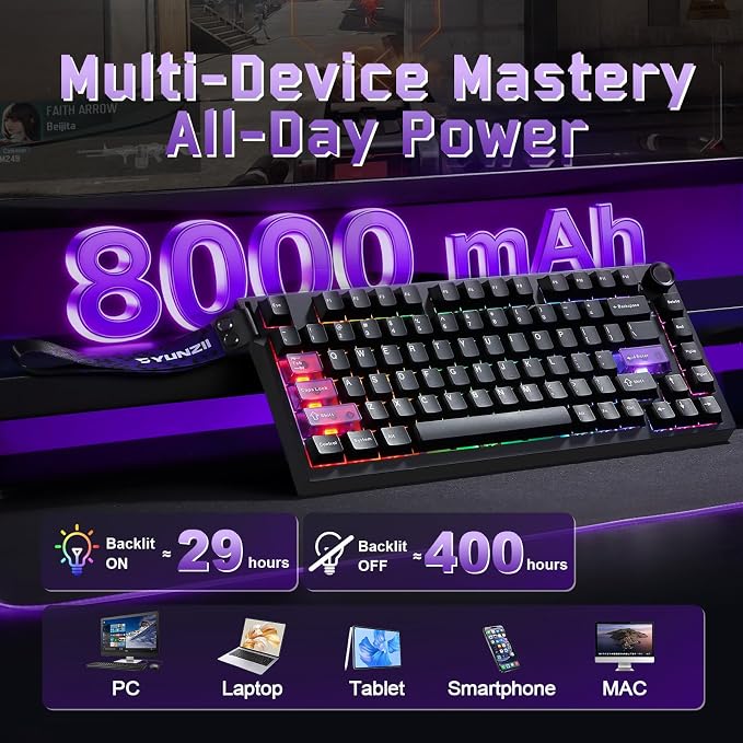 YUNZII RT75 PRO Dual 8K Wireless Gaming Keyboard (Black,Red Switch) | Hall Effect Magnetic Switches & 128KHz Scan Rate,BT/USB-C/2.4G, RGB, Hot-Swappable, CustomizableTGL/SOCD/DKS/MT for Gamers - Image 9