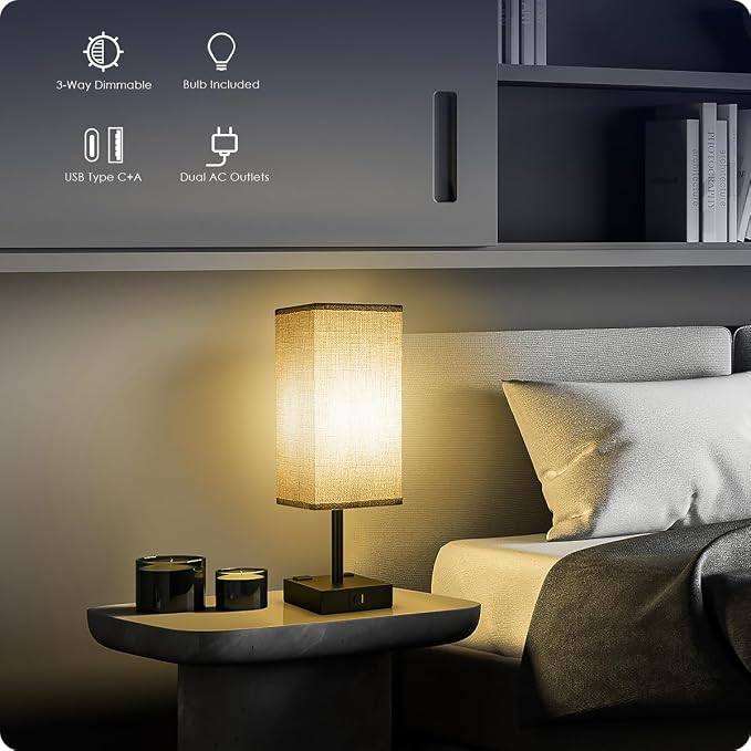 Bedside Table Lamps Set of 2 - Touch Nightstand Lamp for Bedroom with USB C+A Charging Ports & AC Outlets, 3-Way Dimmable Desk Lamp Grey Fabric Shade for Bedroom Living Room, Office(Bulb Included) - Image 2
