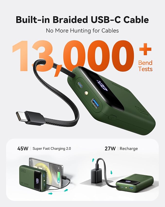 INIU Portable Charger, Smaller 45W Fast Charging Power Bank, 20000mAh Green | Flight-Safe, Built in USB-C Cable, Travel Essential, Battery Phone Pack for iPhone 17 16 Pro, Samsung S26, iPad etc, Green - Image 4