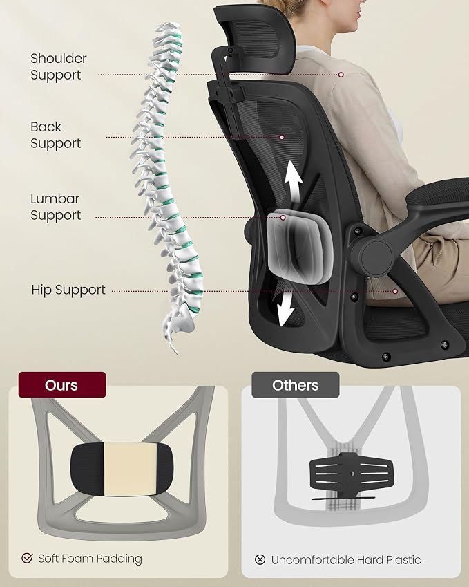 VASAGLE Office Chair, Adjustable Mesh with Lumbar Support and Headrest | Ergonomic desk chair, 90-105° tilt function, wide seat, flip-up armrests, home office, Ink Black UOBN044BH01S - Image 4