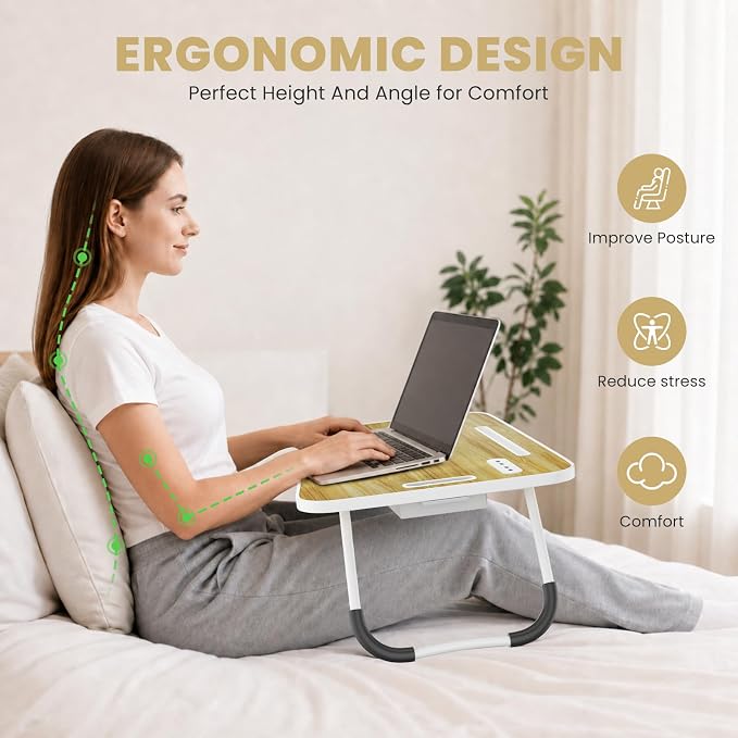 Lap Desk for Laptop Tray, Foldable Laptop Bed Desk with Storage Drawer | Bed Laptop Table for Adults with Light & Cup Holder & USB Ports, Laptop Stand for Couch Writing Reading Eating, Walnut - Image 3