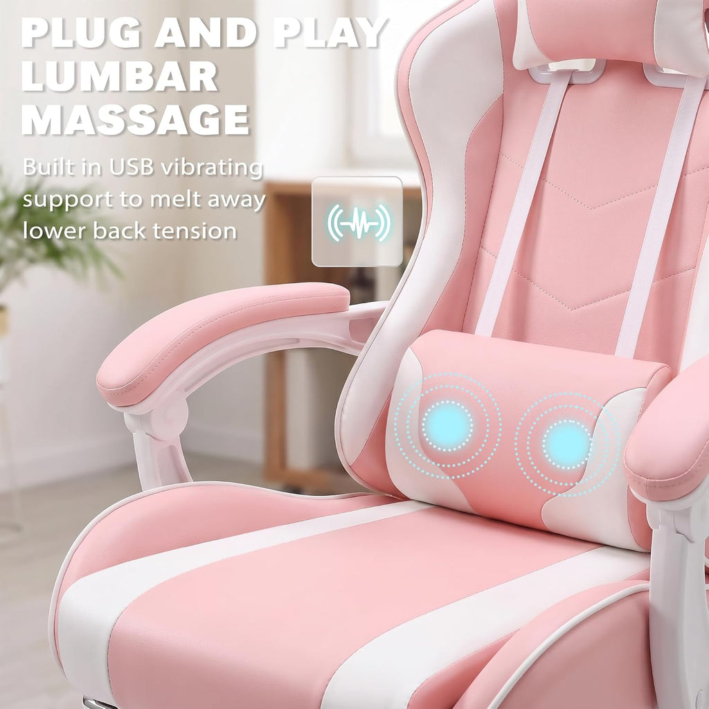 Homall Gaming Chair, Ergonomic, Footrest & Massage Lumbar Support, Pink - Image 5