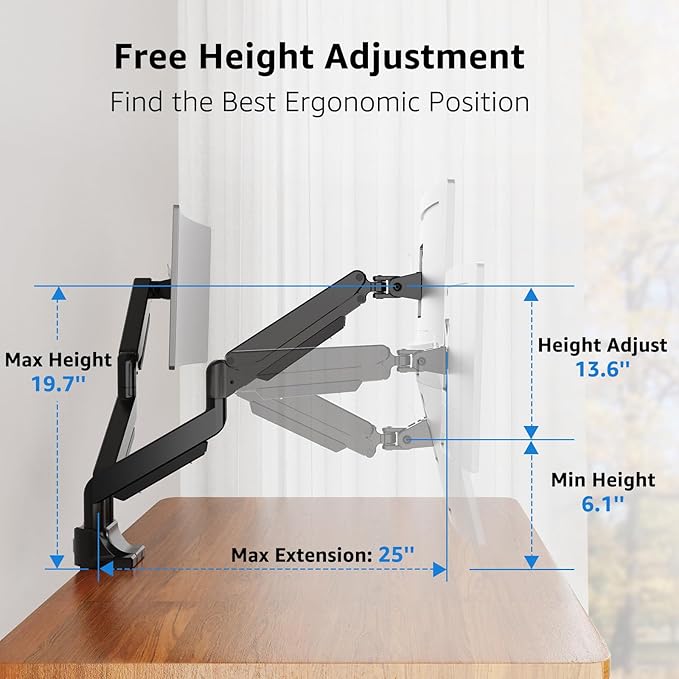 MOUNTUP Dual Monitor Mount fits 42 40 39 37 34 32 27 inch Ultrawide Screen, Holds 6.6-33lbs, Dual Monitor Arm Desk Mount, Heavy Duty Monitor Stand for 2 Monitors, with Clamp/Grommet Base - Image 6