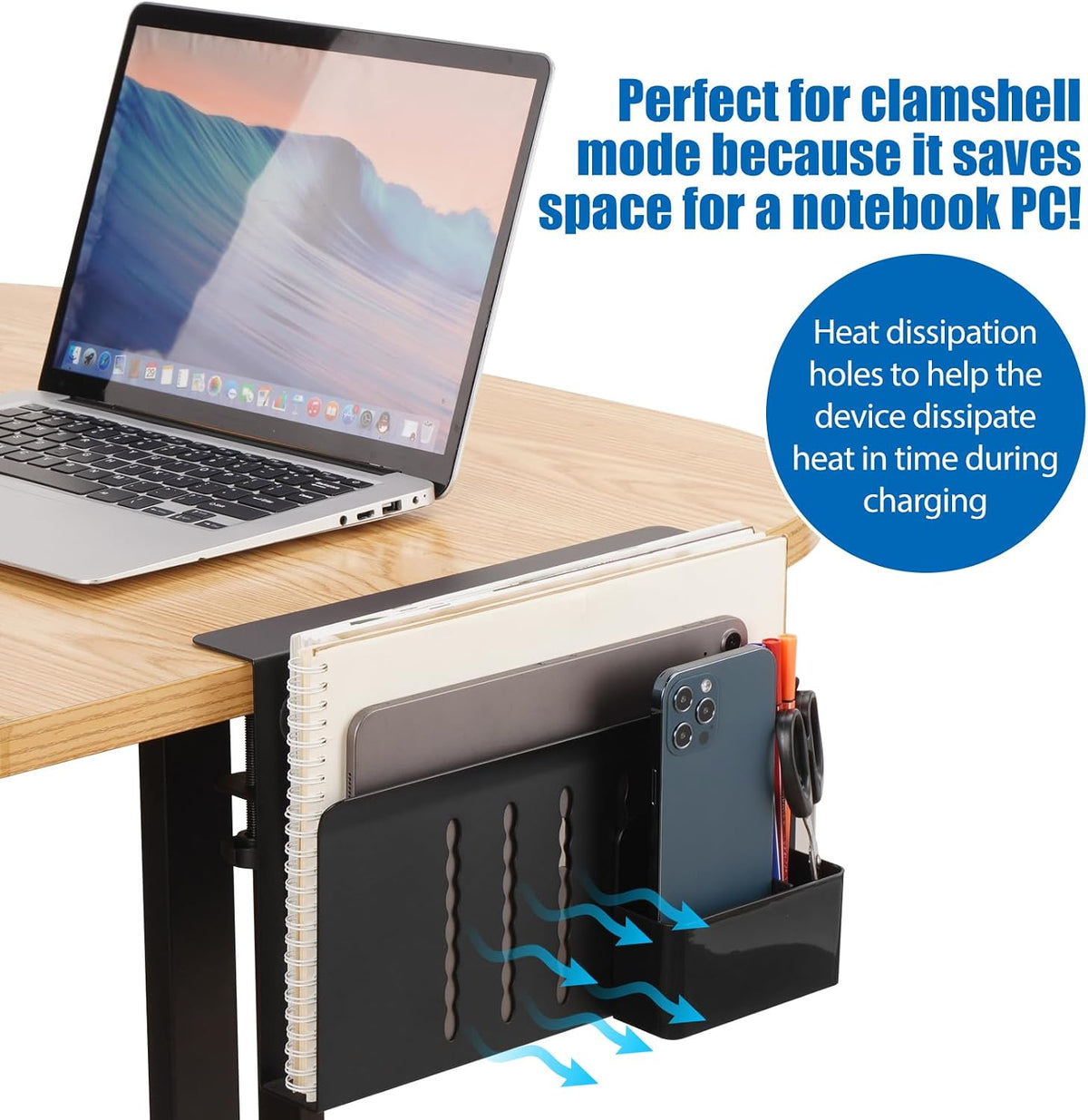 Desk Side Storage, Under Desk Laptop Mount, Table Side Hanging File Organizer, No Drill Clamp On Cable Management Tray, Laptop Holder with Magnetic Pen Holder for Office and Home(Black) - Image 3