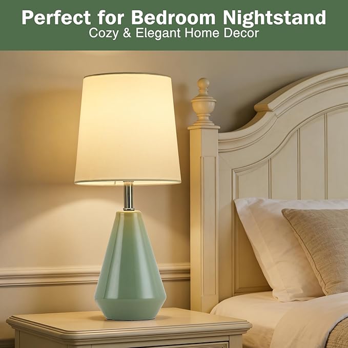Small Bedside Table Lamp for Bedroom - Reading Desk Lamp with 3 Color Temperatures，15.5" Nightstand Ceramic Lamp with Fabric Shade for Kids Room,Living Room,Dorm,Home Office (Green+White) - Image 3