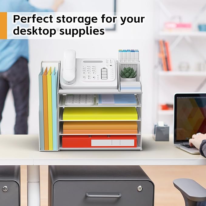 DocNest 5 Tier Metal Mesh Desk File Organizer with Phone Shelf, White | Desktop letter tray sorter features a 9.1x9.1 inch top phone holder, built-in sticky note compartment and pen holder - Image 5