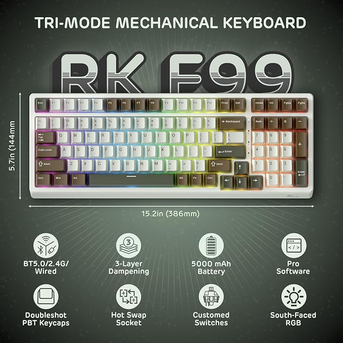 RK ROYAL KLUDGE F99 Wireless Mechanical Keyboard, Gasket Structure | 95% 100 Keys Hot Swappable RGB Gaming Keyboard, Tri-Mode BT/2.4GHz/USB-C, Pre-lubed Custom Switches, for PC/Xbox/PS4/PS5 - Image 2