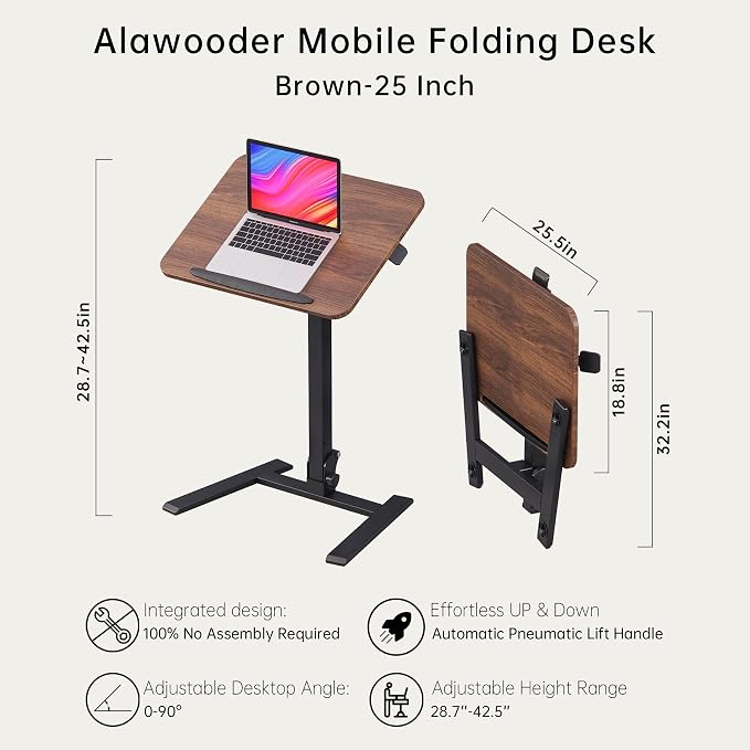 25" Mobile Folding Desk: Pneumatic Sit-Stand, No Assembly | 29-42" Height Adjustable Rolling Laptop Desk, Hidden Wheels, 0-90° Tilt Top. Ideal for Home Office, Craft & Study. - Image 3