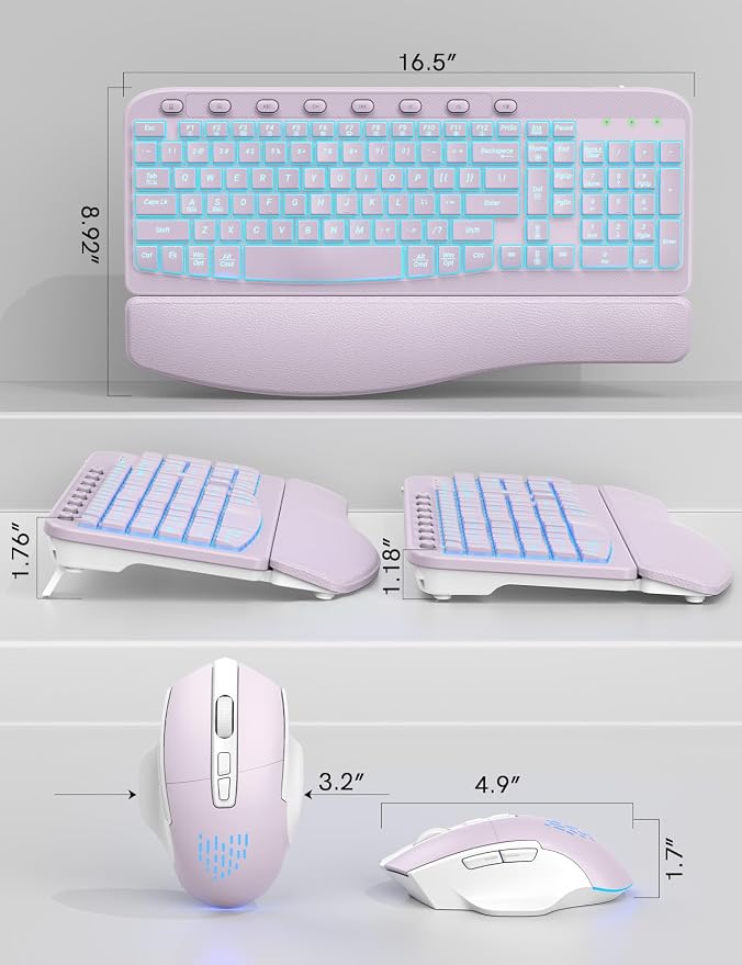 Wireless Keyboard and Mouse Combo, Ergonomic Wave with Wrist Rest | Rechargeable, Backlit Keys, Full Size, 2.4GHz USB Wireless, Leather Finish, MA12Pro Quiet Set for Windows, Mac, PC, Laptop - Image 7