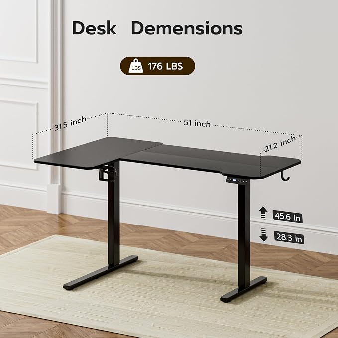 L Shaped Electric Standing Desk - 51x31.5 Inch Reversible Corner Sit Stand Desk with Hook&Cup Holder,Electric Height Adjustable Table,for Small Home Office&Bedroom Computer Desk, Black - Image 3