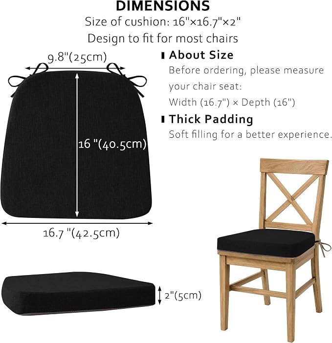 ELFJOY Non-Slip Chair Cushions for Dining Chairs Black 16.7"x16" | 4 Pack, with Ties and Washable Cover, U Shape, Breathable Fabric, for Kitchen Dining Office Folding Chairs，Comfortable - Image 3