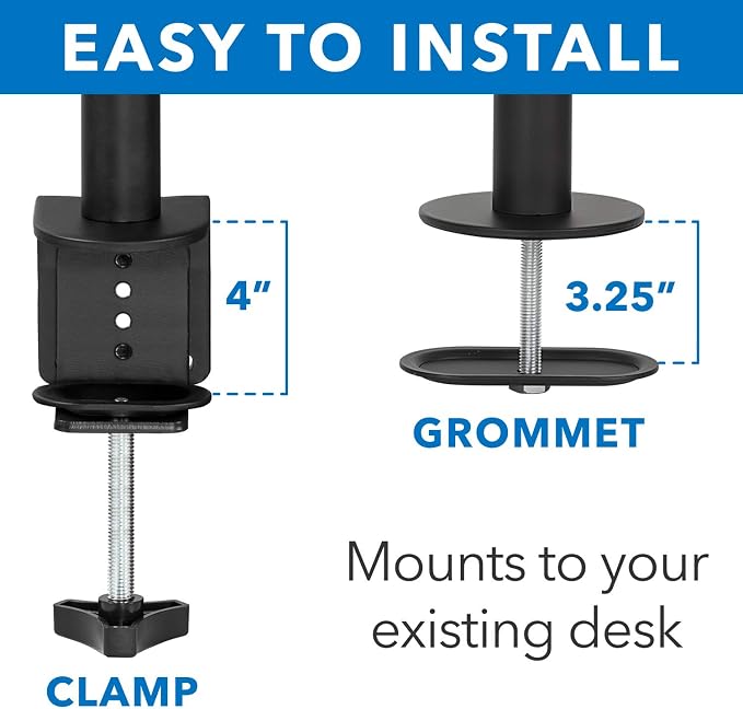 Mount-It! Dual Monitor Desk Mount, 17-32", 19.8 lbs Each | Full motion arms with tilt, swivel & rotate, VESA 75x75 100x100, C-clamp and grommet base. - Image 6