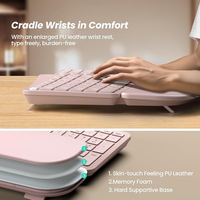 Nulea RT05 Wireless Ergonomic Keyboard, Split Keyboard with Wrist Rest, USB-C Charging, 7-Color Backlight, Natural Typing, Bluetooth and USB Connectivity, Compatible with Windows/Mac(Pink) - Image 5