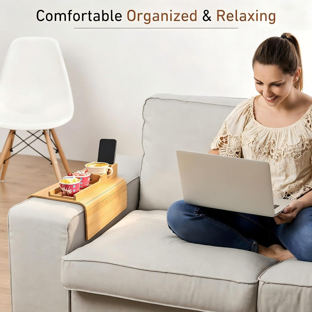 Yoshiky Bamboo Couch Armrest Table, Couch Arm Tray with Removable Couch Cup Holder, 2 in 1 Design Foldable Anti-Slip Bamboo Couch Tray and Sofa Cup Holder for Drink - Image 5
