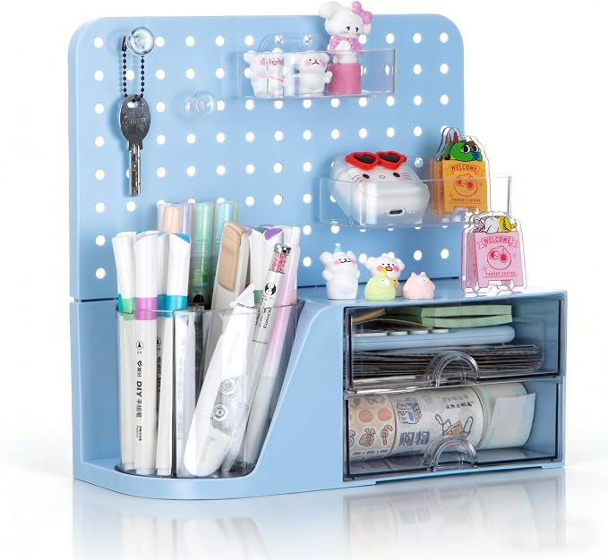 Comix Desk Organizer with 2 Drawer, Blue 360° Rotating Pen Holder for Desk | Desk Organizers and Accessories with 5 Slots Pencil Holder+Pegboard+Drawer, Pen Organizer for Home School Art Office Supplies by Comix