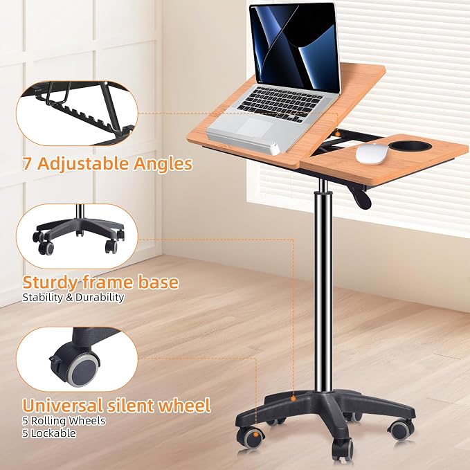 wishacc Rolling Desk Adjustable Height, Mobile Standing Desk on Wheels, Small Portable Sit Stand Laptop Cart, Wood Computer Desk with Cup Holder for Home Office (Extra Large) | XL Bamboo Top, Large Compact Surface, Gas Spring Lifting System, 5-Position... - Image 8