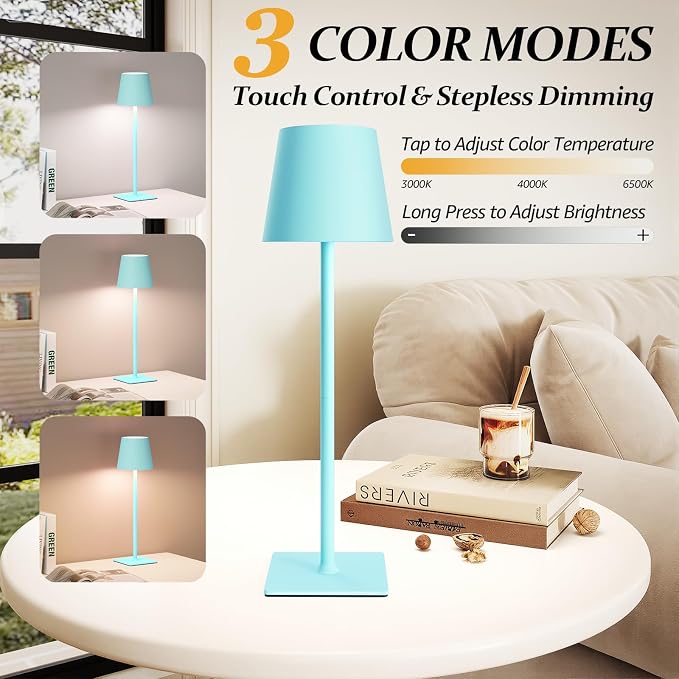 CHLORANTHUS 2 Pack Cordless Table Lamps, 3 Colors Stepless Dimming, 5000mAh Rechargeable Battery LED Desk Lamp for Bedroom/Couple Dinner/Desk/Cafe/Dining Room/Terrace - Image 2