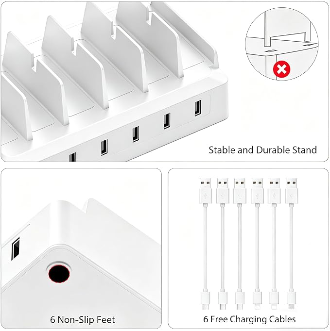 Charging Station for Multiple Devices, 6 Port USB Desktop Charger Dock Compatible with iPad, Samsung, Android, Tablet, Family Multi Phone Charging Organizer with Divider Holders, Fireproof ABS (White) - Image 7