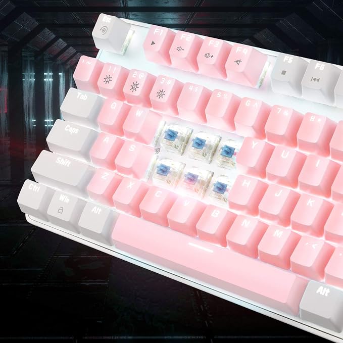 MageGee Mechanical Gaming Keyboard, New Upgraded Blue Switch 104 Keys White Backlit Keyboards, USB Wired Mechanical Computer Keyboard for Laptop, Desktop, PC Gamers(White & Pink) - Image 3