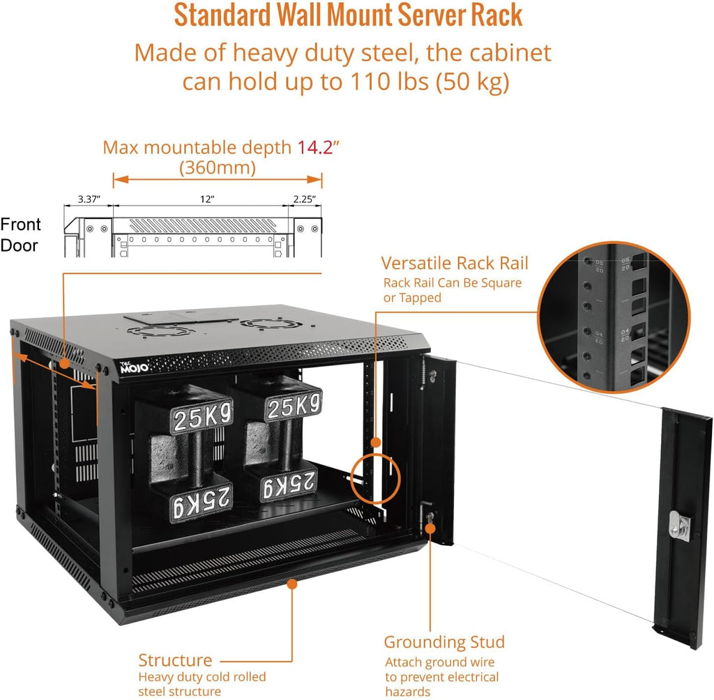 Tecmojo 6U Wall Mount Server Cabinet IT Network Rack Enclosure Lockable Door and Side Panels Black, Cooling Fan, Standard Glass Door, 450mm Depth, for 19” IT Equipment, A/V Devices - Image 4
