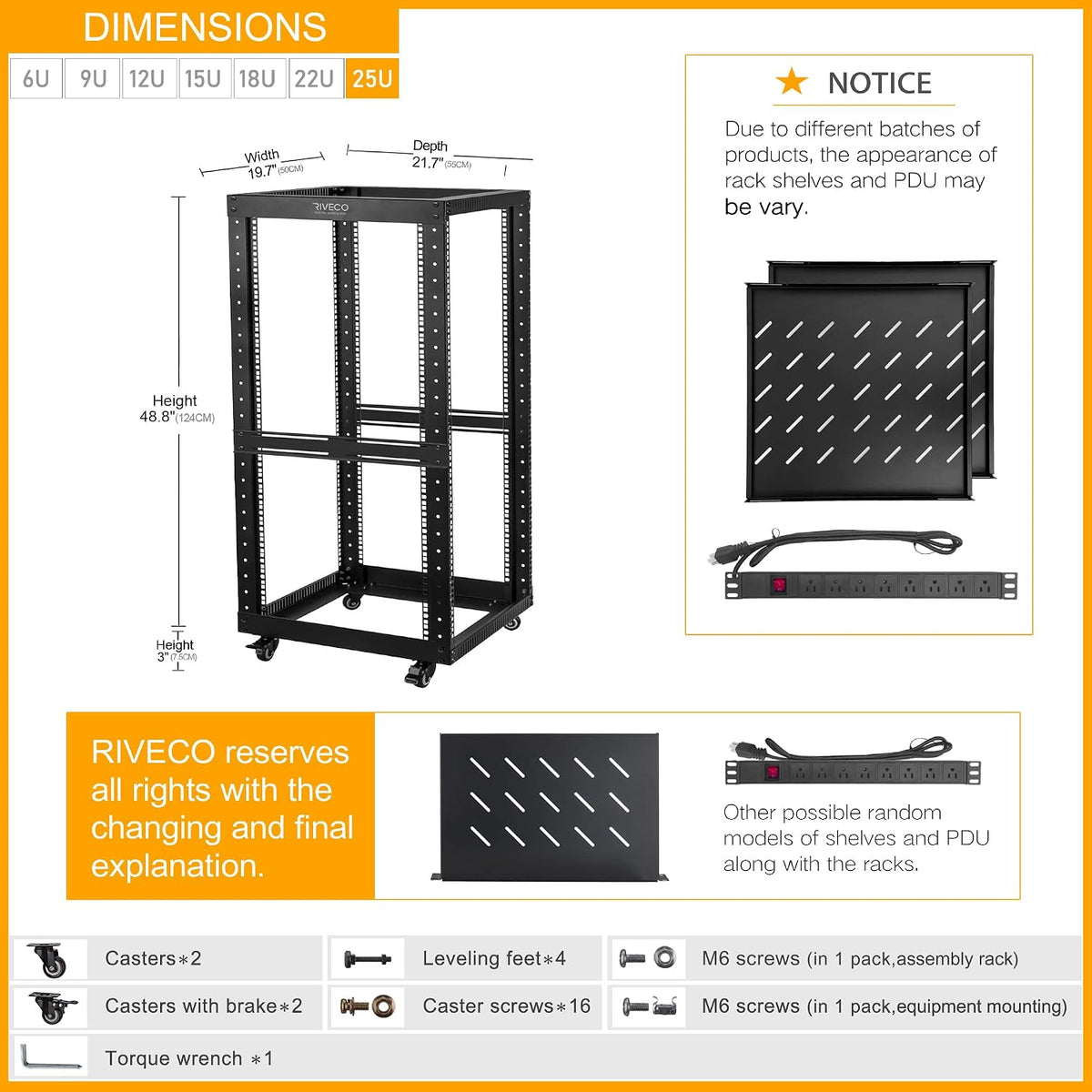 25U Open Frame Server Rack with Wheels + PDU (8 Outlets) Power Strip Surge Protector (2pcs Rack Shelves +1 PDU, 25U) - Image 2