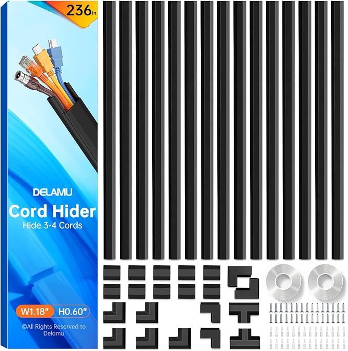 Delamu Black Cord Hider, 236in Cord Covers for 3-4 Wires on Wall, Cable Hider Wire Covers for Cords, Wire Hiders for TV on Wall, TV Cord Hider for Wall Mounted TV, 15x L15.7 W1.18 H0.6in, Black by DELAMU