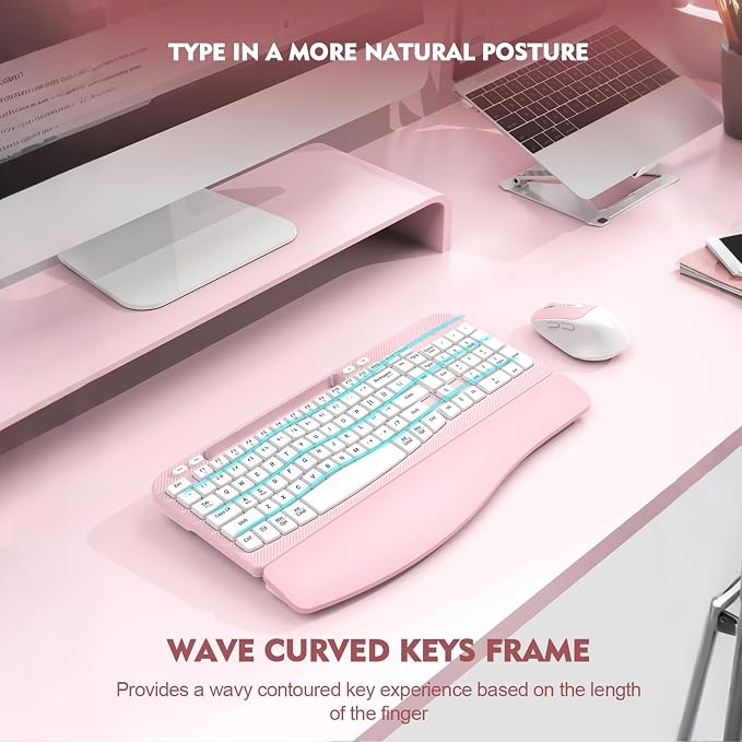 Wireless Keyboard and Mouse Combo, Full-Sized Ergonomic Wave Keys Keyboard with Memory Foam Wrist Rest & Phone Holder, 2.4G Quiet Keyboard Mouse Work Setup for PC Laptop, Office or Home (Pink) - Image 7