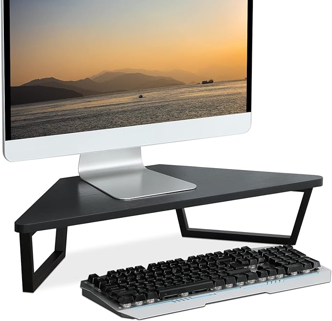 TEAMIX 26 inch Corner Monitor Stand Riser with Keyboard Storage, Black | Triangle Monitor Stand, Wood & Metal Computer Stand, Laptop Riser, Desktop Organizer, for L Shaped Desk, Home Office & Gaming by TEAMIX