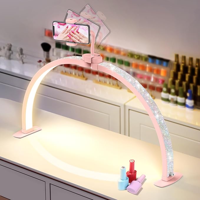 Yokilly Half Moon Light for Nail Desk: 29" Foldable Nail Light for Desk | AB Diamonds Arch Nail Tech Light with Phone Holder for Beginner - 3 Color Modes & 10 Brightness for Manicure Salon-Pink by Yokilly