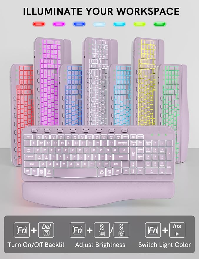 Wireless Keyboard and Mouse Combo, Ergonomic Wave with Wrist Rest | Rechargeable, Backlit Keys, Full Size, 2.4GHz USB Wireless, Leather Finish, MA12Pro Quiet Set for Windows, Mac, PC, Laptop - Image 3