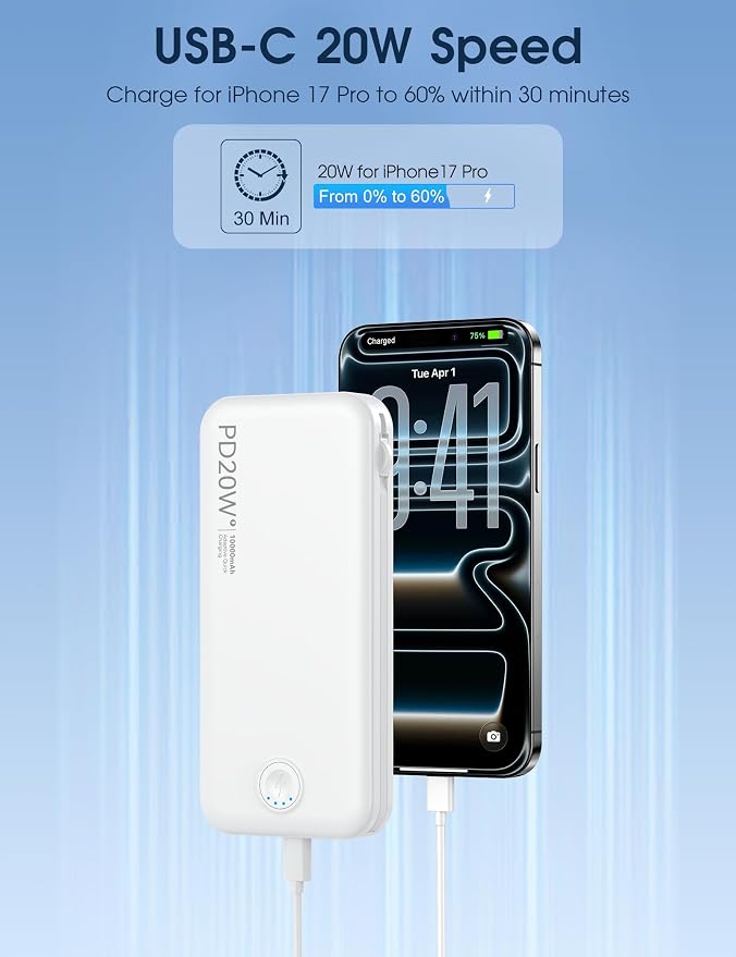 Nusyddy Portable Charger 10000mAh Fast Charging w/Built-in Wall Plug White | PD20W Fast Charging, LED Indicator, Pass Through Charging, TSA Approved, Compact/Slim, Power Bank for iPhone/iPad/Samsung - Image 4