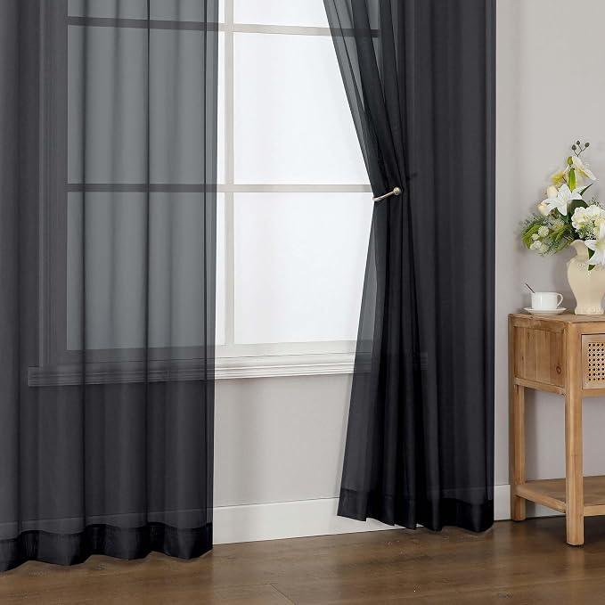 Black Sheer Curtains 96 inches Long for Bedroom 2 Panels Set | Elegant Airy Sheer White Curtain for Living Room, Light Filtering Voile Window Treatments, Rod Pocket, Each Panel 42 X 96 In - Image 9