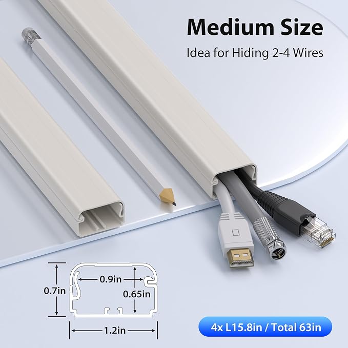 ZhiYo Large Capacity Wire Hiders for TV on Wall for 2-4 Cords, 63in (4xL15.8in) PVC Cable Cover with Adhesive Tape, Snap and Lock Design for Wall Mounted TV, Beige Cord Covers for Wires on Wall - Image 2