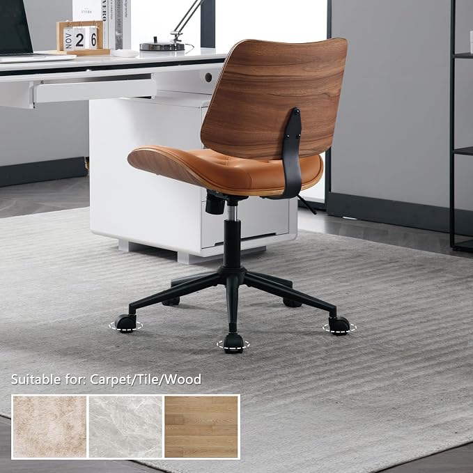 Armless Home Office Chair in Button Style, PU Leather Small, Brown | PU Leather Adjustable Height Computer Desk Chair, 360 Swivel Small No Arms Office Seat, Walnut Design Stool, 300LBS Cap - Image 7