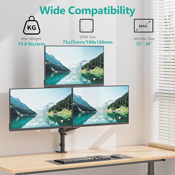 WALI Stacked Triple Monitor Mount for 13-34 inch Screens, 19.8 lbs per Arm | 3 Monitor Desk Mount, Full Motion with Tilt, Swivel, Rotation, C-Clamp & Grommet Base, VESA 75/100mm (GSDM003XL), Black - Image 2