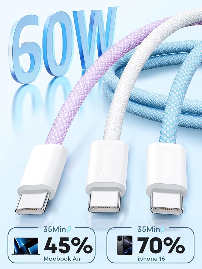 Senetem USB C to C Cable 10FT 3-Pack, 60W Fast Type C Charging Cord | Fast Charging for iPhone 15 16 17 Pro Plus, Samsung Galaxy S24/S23 S22, MacBook/iPad/Pixel/Apple/Android USBC long cable - Image 2