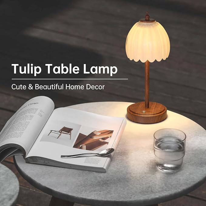 Shenmoyl Tulip Table Lamp with 5200mAh Battery & Touch Control, Small Cordless Table Lamp with 3 Colors, Rechargeable Battery Operated Table Lamps for Bedroom, Desk, Bedside (White-Walnut Color) - Image 7