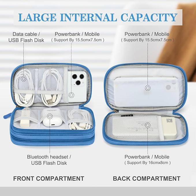 FYY Electronic Organizer, Travel Tech Pouch Bag, Cable Organizer Cyan | Wrist Strap, Waterproof, Double Layers Portable Electronics Travel Carrying Case for Cord, Charger, Daily Business Trips Use - Image 3