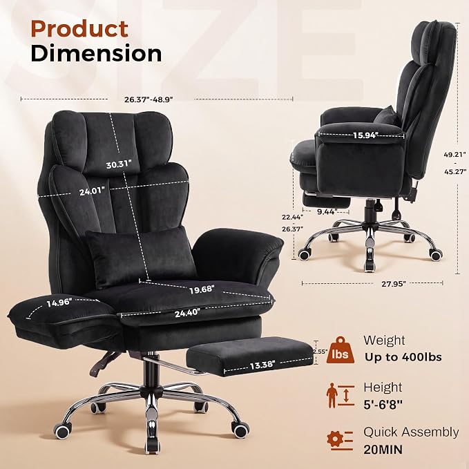GTPLAYER Big and Tall Office Chair,Executive Ergonomic Computer Gaming Chair with Foot Rest,Flip Armrests for Pets & Extra Space,Soft Velvet Wide Seat Reclining Desk Chair,Black - Image 3