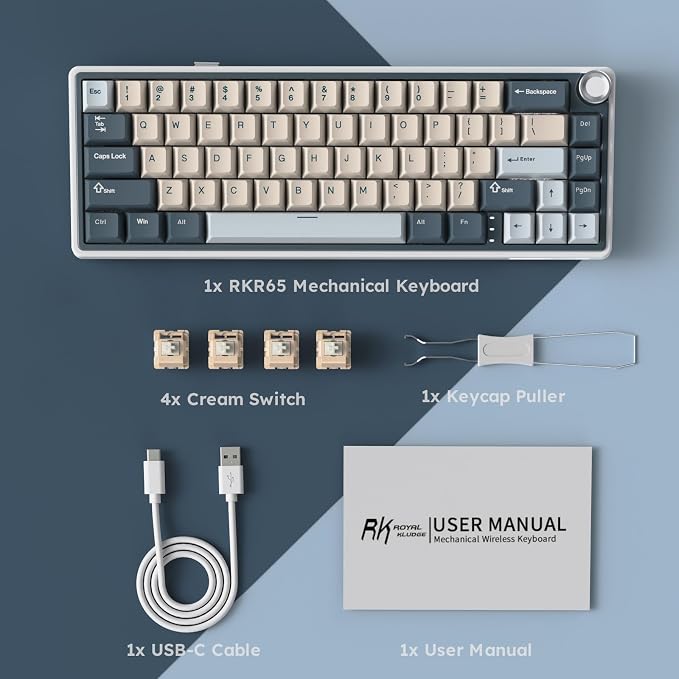 RK ROYAL KLUDGE R65 Wireless Mechanical Keyboard, 60% Keyboard with Knob | 60% RGB Gaming Keyboard with QMK/VIA, 3-Mode 2.4G/BT/Wired, Hot Swappable PCB, PBT Keycaps, 66 Keys, Cream Switch, Blue - Image 9