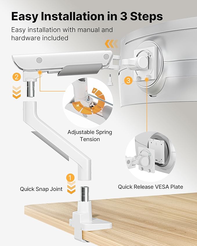 monTEK Heavy-Duty Monitor Arm for 17-57" Ultrawide, 59.4 lbs, White | Pneumatic lift, quick-release VESA 75/100 plate, full motion, clamp/grommet bases and hidden cable routing - Image 5