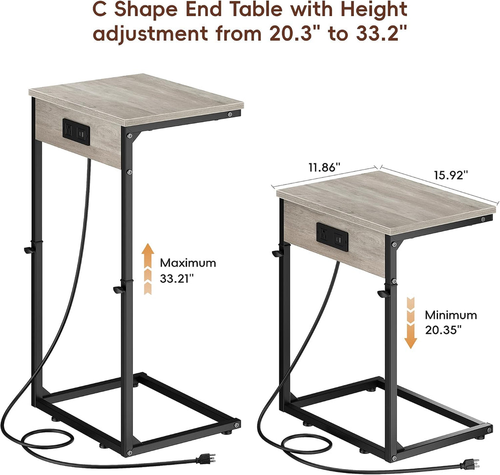 C Shaped End Tables Set of 2 with Charging Station, 33.2'' Tall C Table Adjustable Height Side Table, Small Side Table for Small Spaces, Couch Sofa Table TV Tray for Living Room, Greige - Image 3