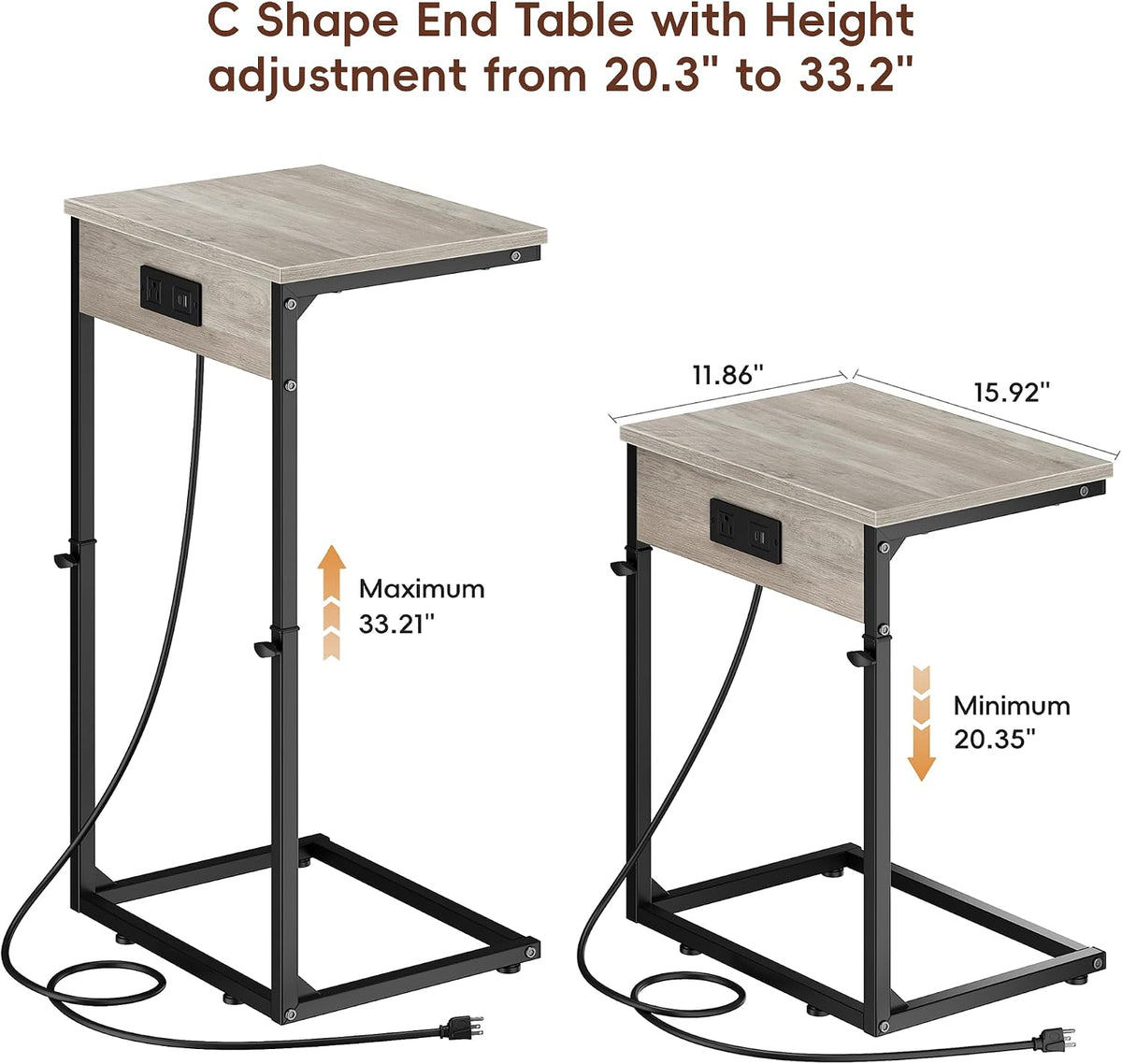 C Shaped End Tables Set of 2 with Charging Station, 33.2'' Tall C Table Adjustable Height Side Table, Small Side Table for Small Spaces, Couch Sofa Table TV Tray for Living Room, Greige - Image 3