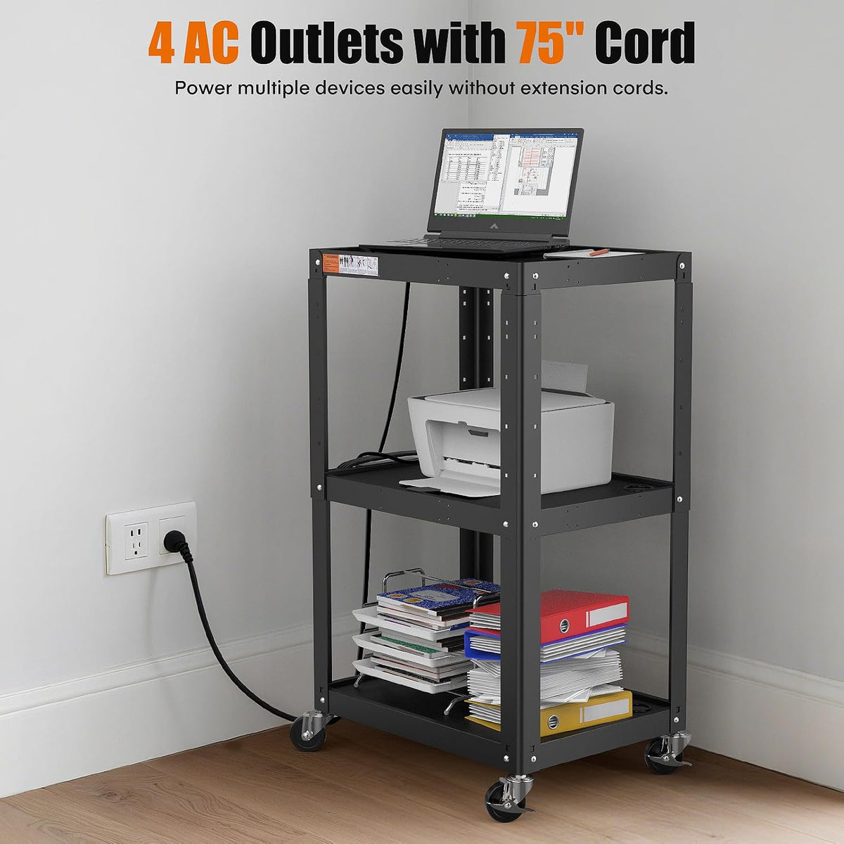 3 Shelf Metal Utility Cart - Durable Computer Cart on Wheels with Power Strip,Height Adjustable AV Presentation Cart Stand for Movie Projector,TV and Laptop Computers,Easy to Assemble, Black - Image 6